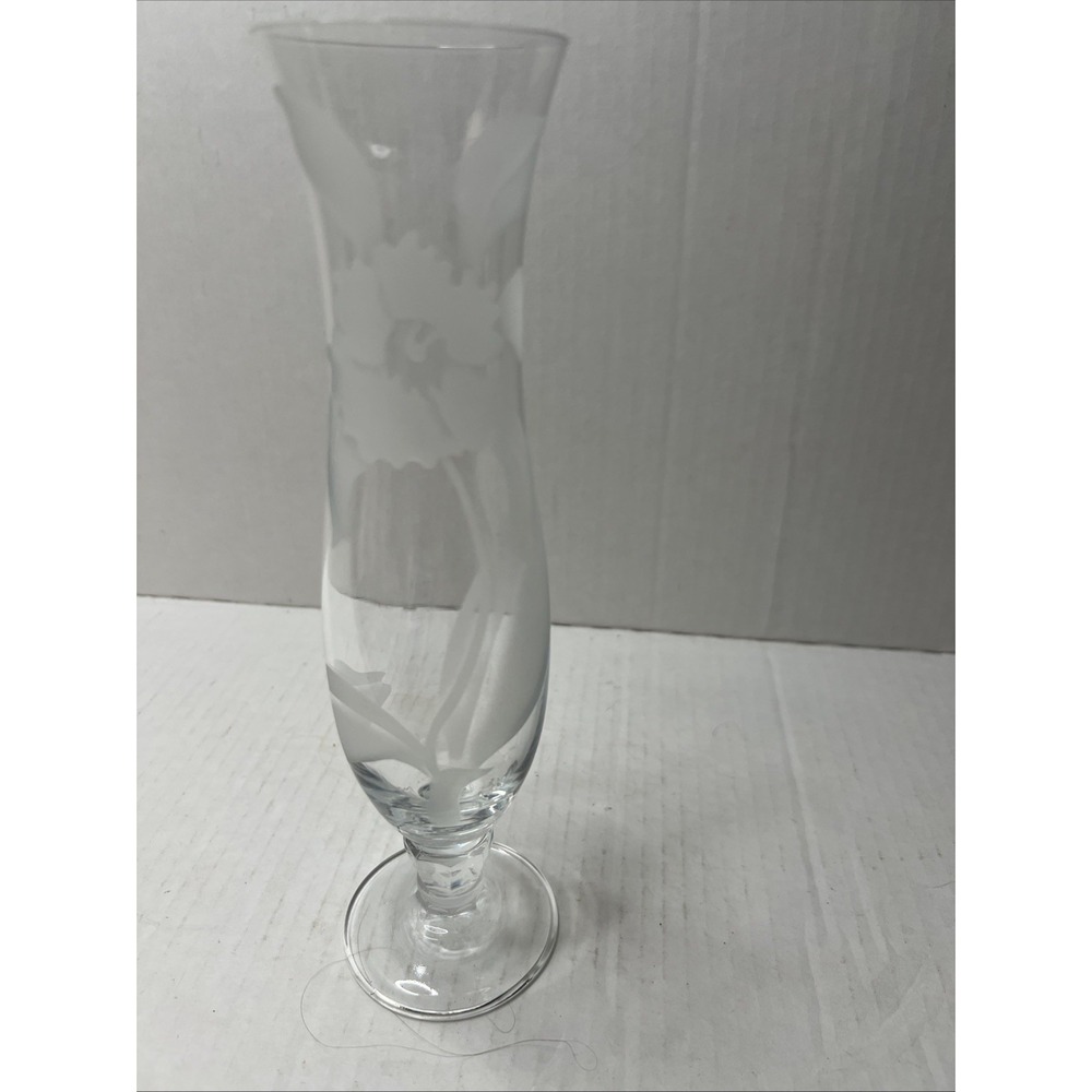 Vintage Signed Glass Bud Vase, Etched With Flowers